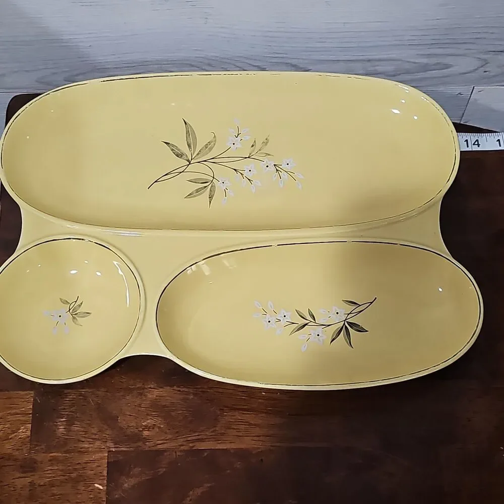 Vintage MCM Yellow 3-Section Divided Relish Dish Serving Tray White Floral Gold